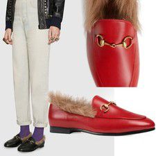 GUCCI SHOES JORDAAN HORSEBIT SHEARLING FUR RED LEATHER LOAFERS $1,100 37.5 7.5