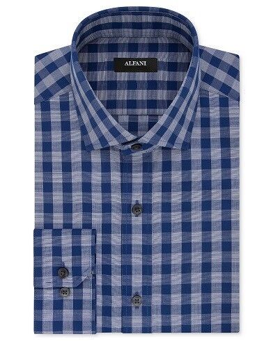 Nwt $95 Alfani Men'S Fit Blue Check Cotton Long-Sleeve Button Dress Shirt Size S