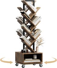 49" Rotating 7-Tier Double-Sided Wood Bookshelf with Wheels, Rustic Brown