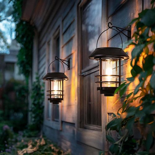 Outdoor Waterproof Solar Lanterns - 2 Pack with Auto On/Off and Wall Mount