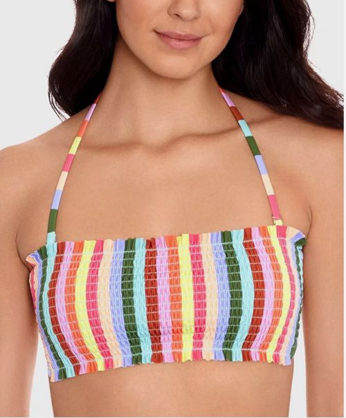 Salt + Cove Striped Cabana Smocked Bandeau Bikini Swim Top, Multi-Color, Sz D/DD