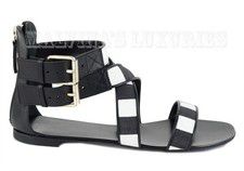 GIUSEPPE ZANOTTI SHOES GLADIATOR CANVAS & LEATHER BLACK & WHITE IT 37 / US 6.5