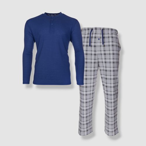 $39 Isotoner Men's Blue Plaid Thermal Pant Henley Pajama Set Sleepwear Size M