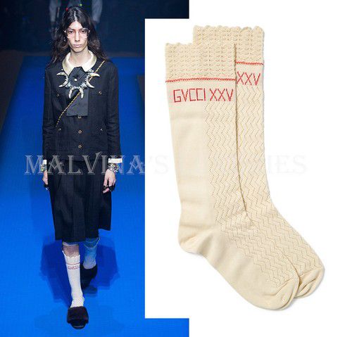 GUCCI DRESS SOCKS XXV KNITTED COTTON CROCHET SCALLOP TOP EMBROIDERED LOGO $390 S