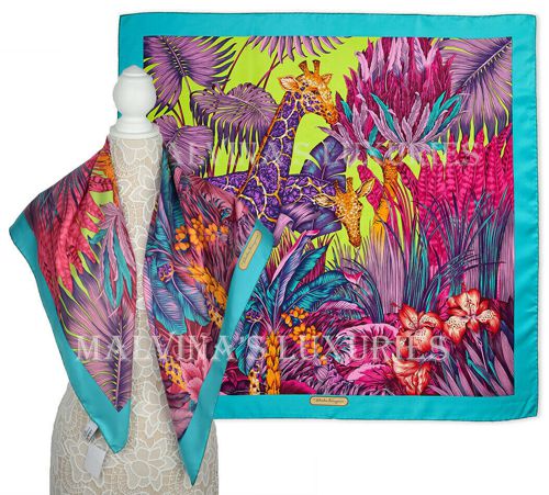 SALVATORE FERRAGAMO SCARF SIGNATURE GIRAFFE JUNGLE PRINT SILK 35" $380