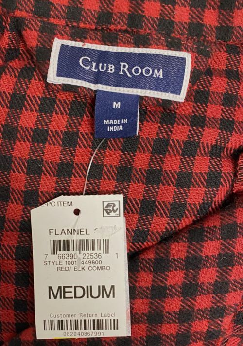 $27 Club Room Men's Red Black Cotton Heathered Check Flannel Pajama Top Size M