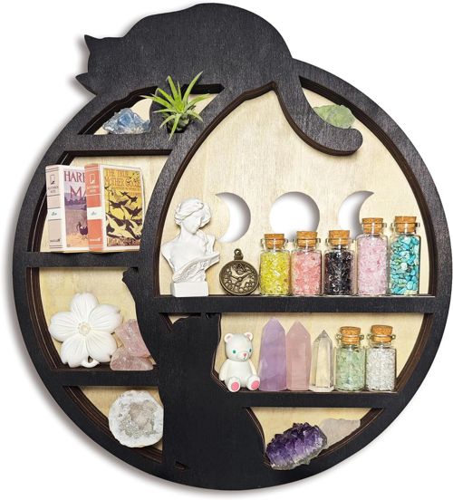 Cats on the Moon Crystal Display Shelf, Wooden Hanging Floating Shelf, Crescent 
