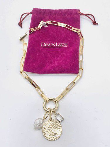 $150 Devon Leigh Women Gold Multi-Charm Mother Of Pearl Coin Chain Link Necklace