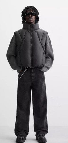 Men Zara Big Puffer Vest Jacket  Side Slit Zipper Closure Pockets Black
