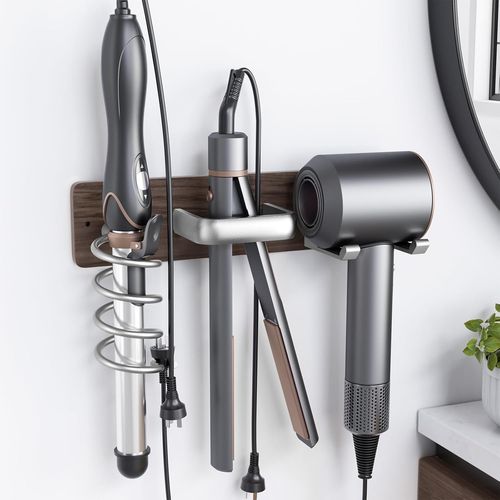 3-in-1 Wall-Mounted Hair Tool Organizer in Walnut Wood and Silver Metal