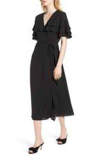 New $278 1. State Women's Black V-Neck Tiered Ruffled Midi Wrap Dress Size XS