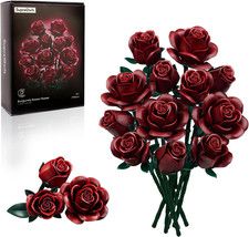 Burgundy Red Rose Bouquet Building Set, Compatible with Lego Flowers for Adults 