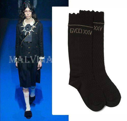 GUCCI DRESS SOCKS XXV KNITTED COTTON CROCHET SCALLOP TOP EMBROIDERED LOGO $390 S
