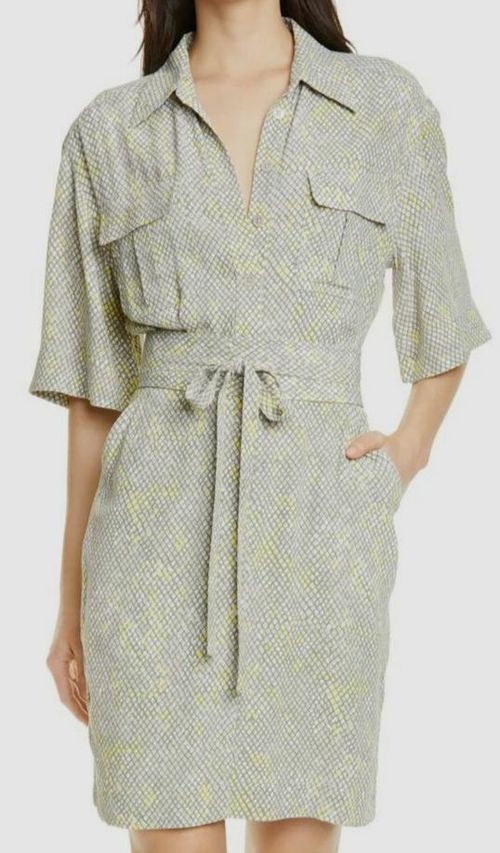 $749 Equipment Women's Green Beige V-Neck Axelle Print Belted Shirt Dress Size 8
