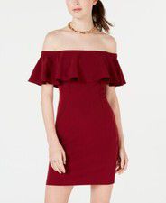 New $100 Teeze Me Juniors' Red Off Shoulder Flounce Overlay Bodycon Dress Size 3