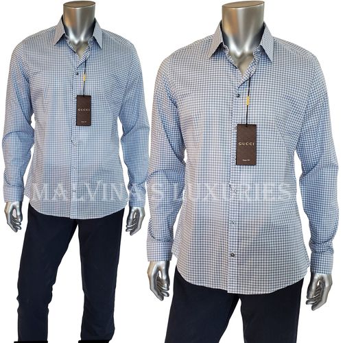 GUCCI SHIRT MENS WHITE BLUE PLAID PRINT COTTON CLASSIC SLIM FIT sz 16 / 41