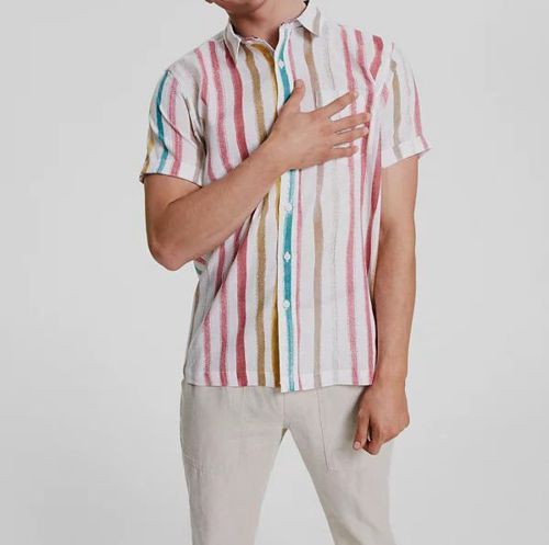 Sun + Stone Men's White Striped Regular-Fit Linen Button-Up Shirt Size S