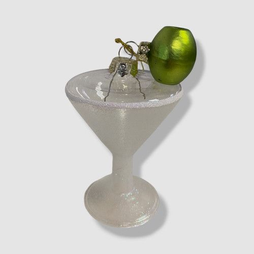 Cody Foster & Co White Glittery Clear Frosted Glass Martini Ornament