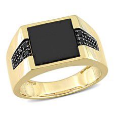 AMOUR 8 CT TGW Black Onyx and 1/6 CT TW Black Diamond Men's Ring In 10K Yellow