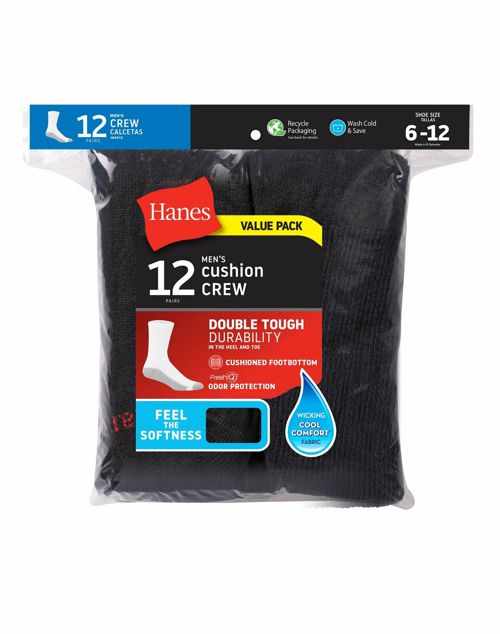 Hanes Men's Crew Socks Pack of 12 Cushion Comfort Cotton Fresh IQ size 6-12 NWT