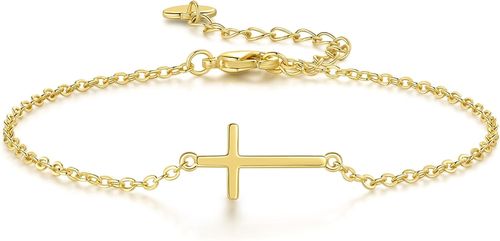 14K Gold Dainty Cross Bracelet for Women - Thin Charm Trendy Design