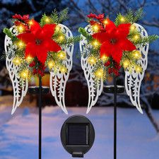 2 Pack Solar Stake Lights with Angel Wings and Poinsettia for Outdoor Decor