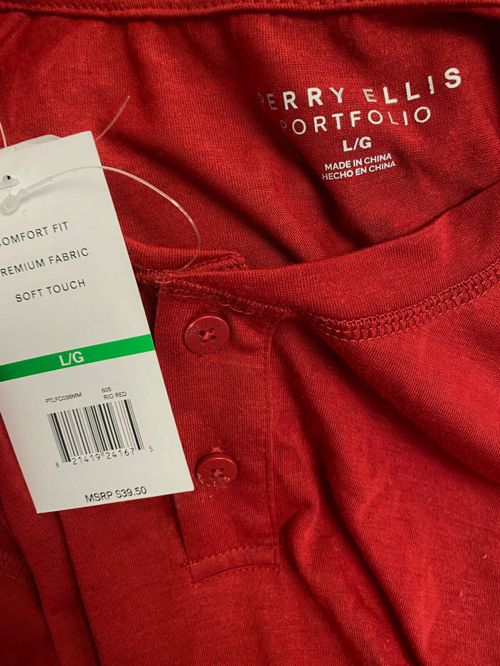 $38 Perry Ellis Men's Red Long-Sleeve Henley Cotton PJ Top Pajama Shirt Size L