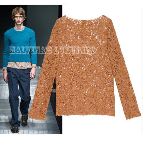 GUCCI MENS TOP BURNT BROWN COTTON LACE SHIRT RUNWAY $1,600 sz 42 / XXXS