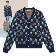 GUCCI MENS SWEATER COTTON WOOL PIKARAR LOGO JACQUARD CARDIGAN sz L LARGE