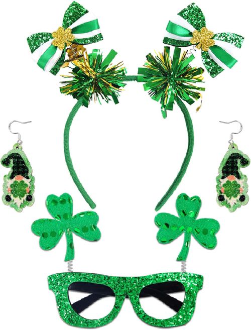 ST Patricks Day Earrings Headband Glasses Set of 3, Green Gnome Earrings Bow Hai