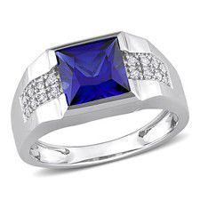 AMOUR 3 1/4 CT TGW Created Blue and White Sapphire Men's Ring In 10K White Gold