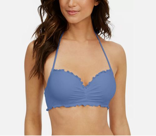 SUNDAZED Solid Nixie Bra Sized Ruffle Edge Halter Bikini Top, Blue Moon, Sz 32D