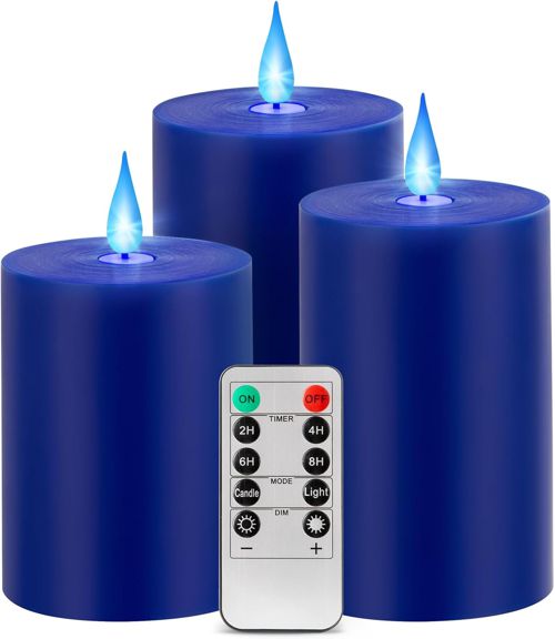 Blue Flame Candles (Blue LED Light Source), 3D Wick Design/Battery Operated, Rea