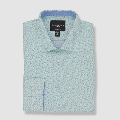 $50 Calabrum Men Blue Green Floral Modern-Fit Non-Iron Dress Shirt Size 16-16.5