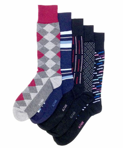 $56 Alfani Mens 5-Pair Pack Gray Blue Pattern Dress Casual Crew Socks Shoe 7-12