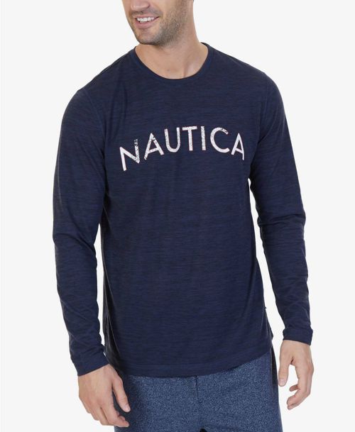 $75 Nautica Men Pajama Cotton Crew Long Sleeve Blue Logo Shirt Sleepwear Size L