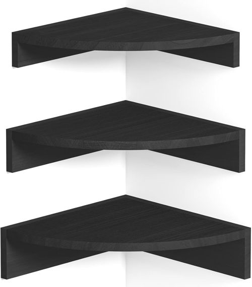 Black Corner Shelf Wall Mount, Set of 3 Floating Shelves for Wall Storage and Di