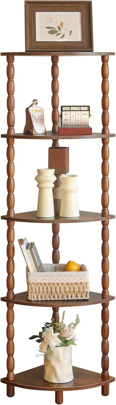 5-Tier Corner Bookshelf for Small Spaces, Rustic Brown Storage Shelves