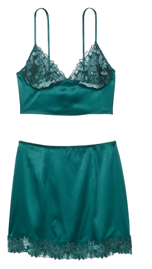 $130 VICTORIA'S SECRET SATIN LACE CAMI & HIGH WAIST SLIP SKIRT SET VELVET XL NT