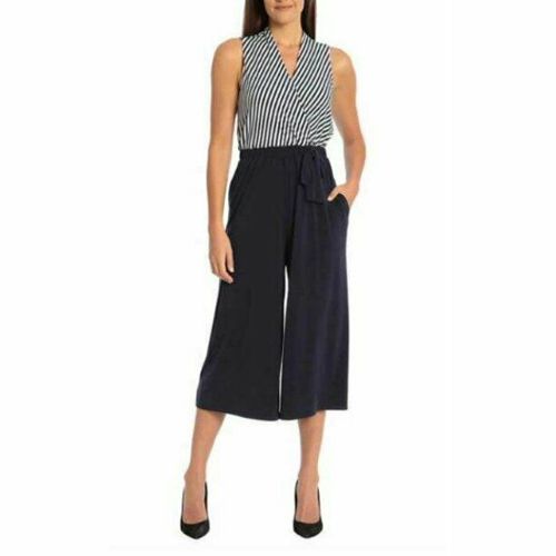 Sandra Darren Ladies' Capri Wide Leg Belted Jumpsuit Navy/Ivory Size Small 