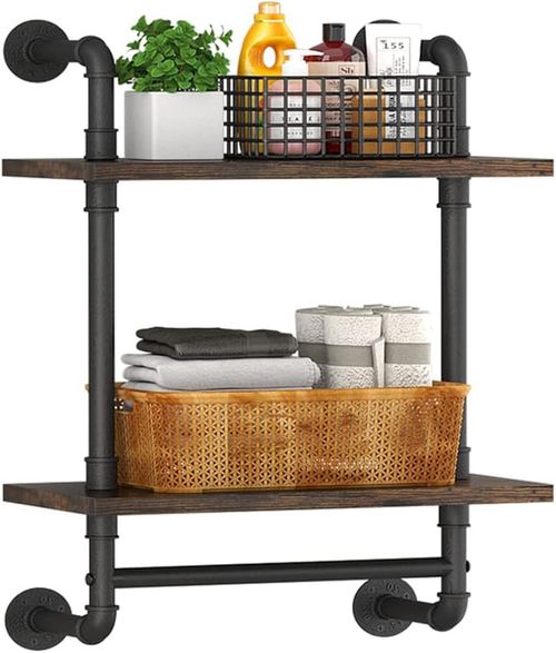 Wall-Mounted Industrial Pipe Shelves with Towel Bar, 2-Tier Rustic Design