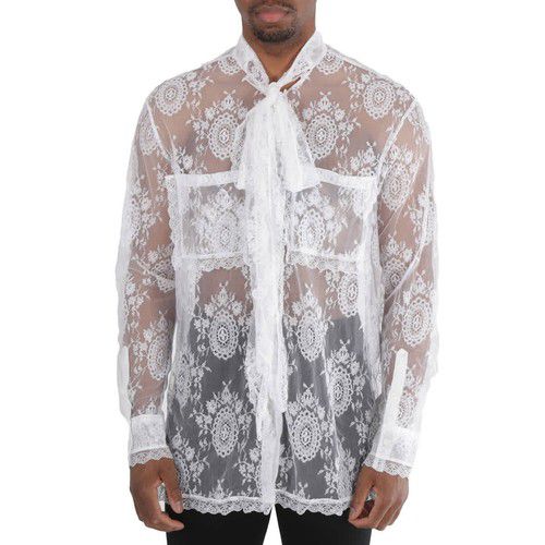 Burberry Optic White Oversized Tie-Neck Chantilly Lace Shirt