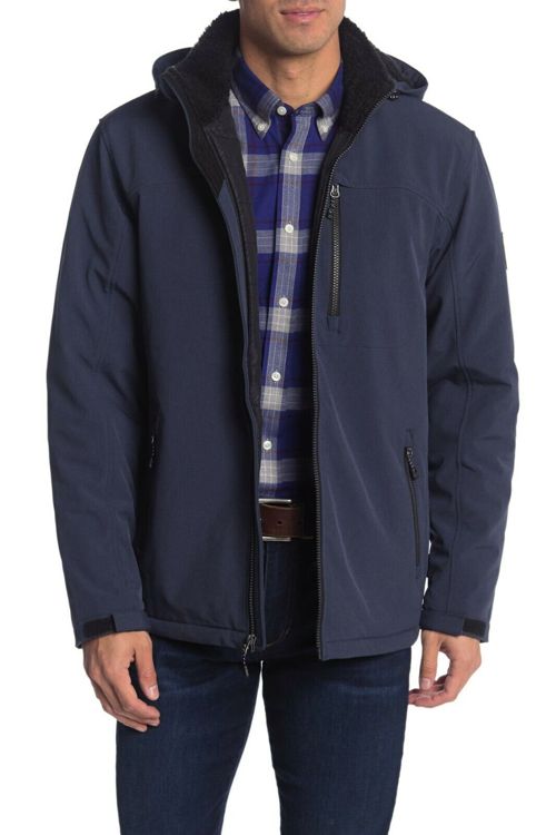 Free Country Men's Faux Shearling Trim Removable Hooded Jacket Dark Indigo M 