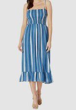 $290 American Rose Women's Blue Meadow Striped Smocked Midi Dress Size M