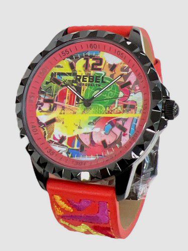 Rebel Brooklyn Women's Red Leather Dumbo Buckle Graffiti Coral Dial Watch 42MM