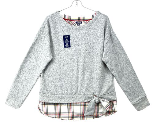 IZOD Women's Long Sleeve Tie-Front 2-Fer Sweatshirt Light Heather Gray Size M