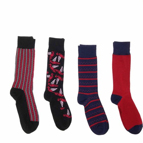 $87 Alfani Men's 4-Pair Pack Blue Red Print Logo Dress Crew Socks Shoe 7-12