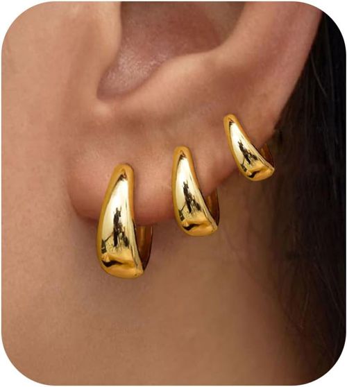 14K Gold Plated Chunky Hoop Earrings Set | Sterling Silver Post Small Huggie Ear