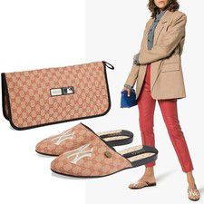 GUCCI SHOES GG CANVAS NY YANKEES PATCH SLIPPER DOUBLE G LOGO $950 sz 39.5 9.5 US