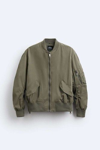 Men Zara Technical Bomber Jacket Aviator Overshirt Coat Olive Green